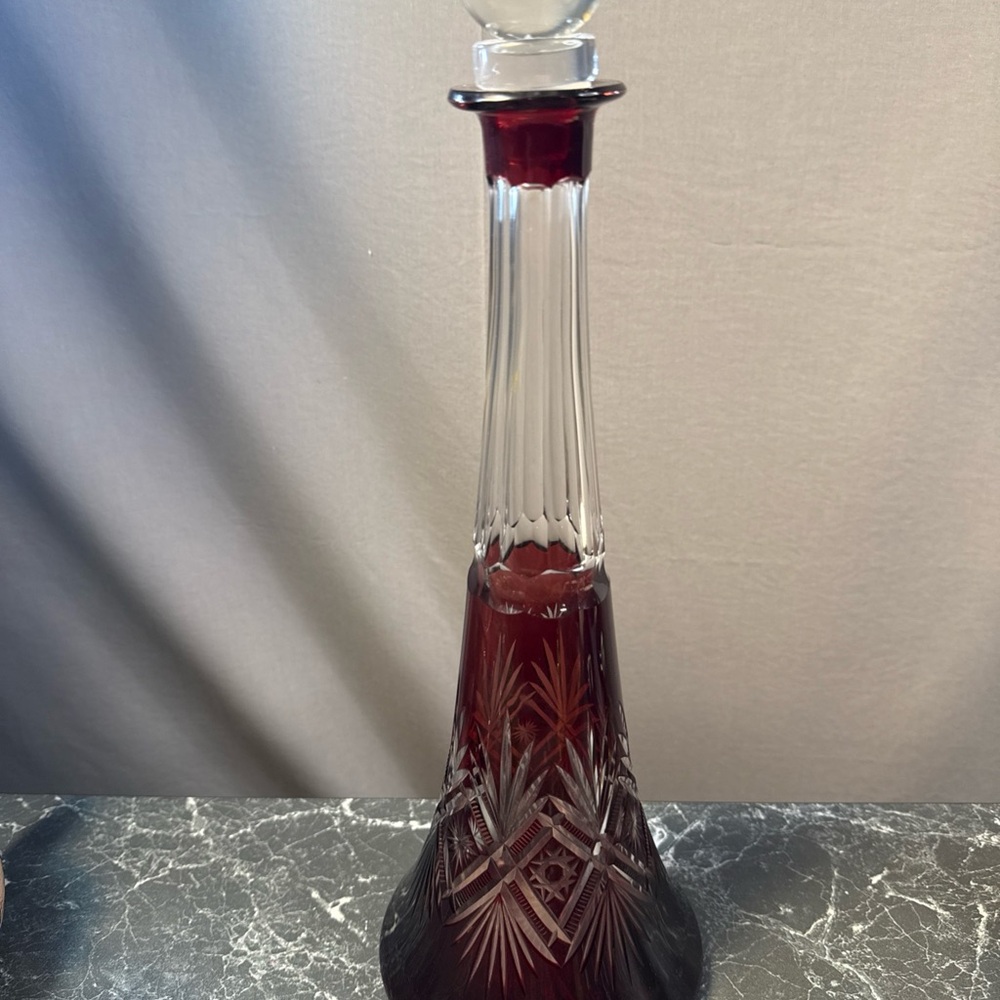 Vintage Bohemian Cranberry to Clear Cut Glass Crystal Decanter with Stopper - Picture 6 of 10